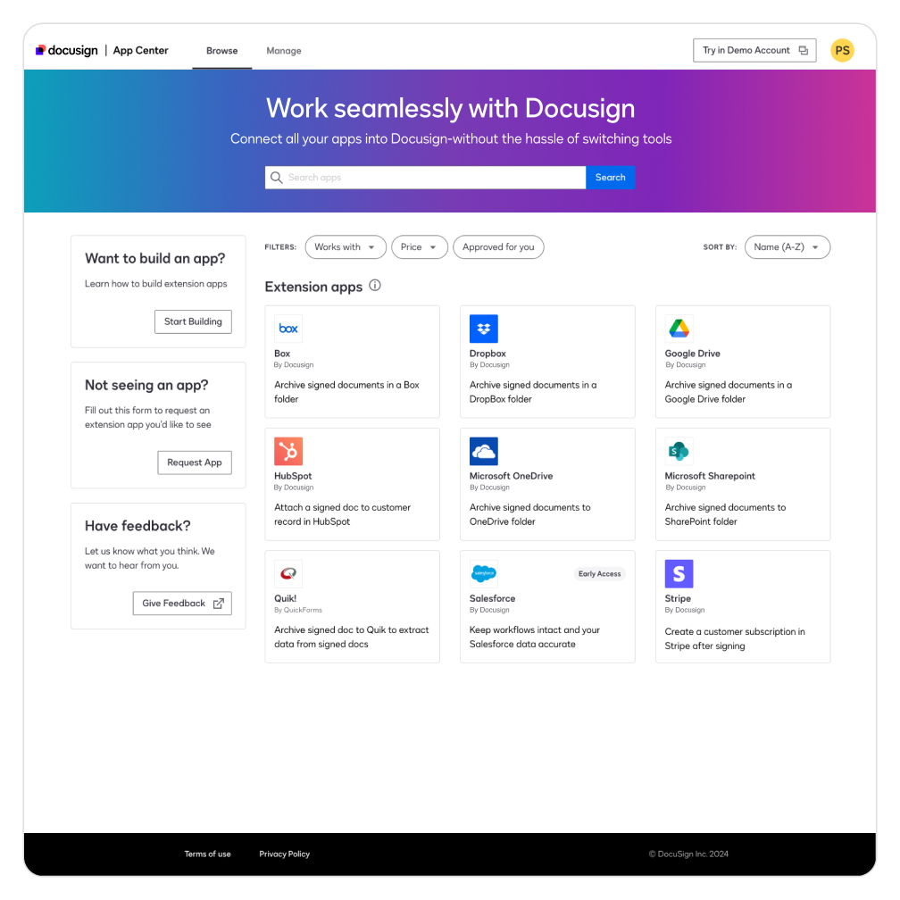 The Docusign App Center, including featured apps, a search bar, and options to build an app or request an app.