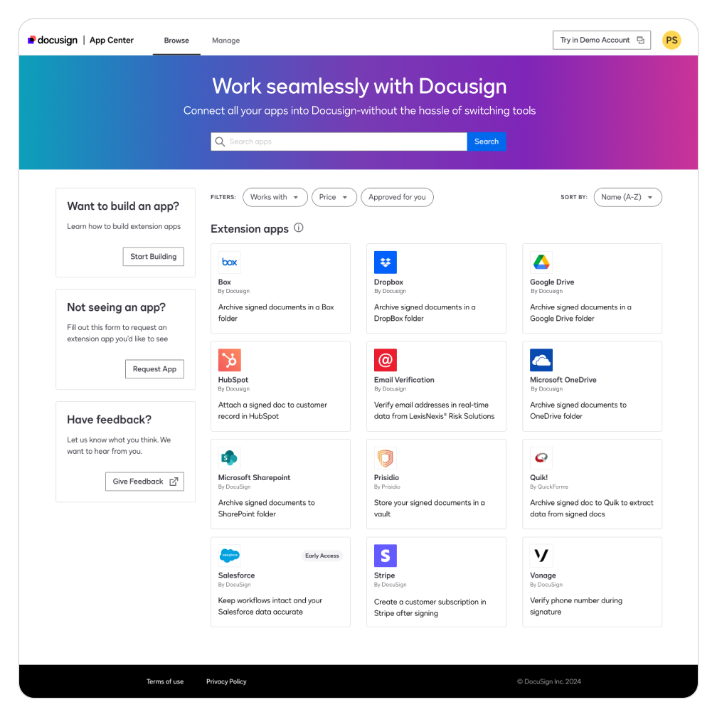 The Docusign App Center, including featured apps, a search bar, and options to build an app or request an app.