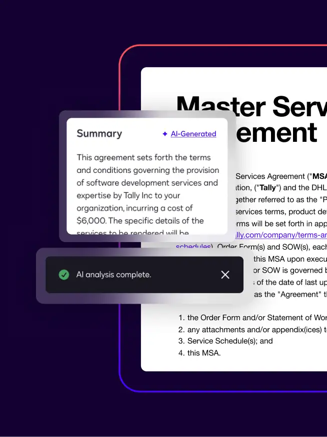 A screen shows an AI-generated agreement summary in Docusign CLM and a notification showing that AI analysis is complete.