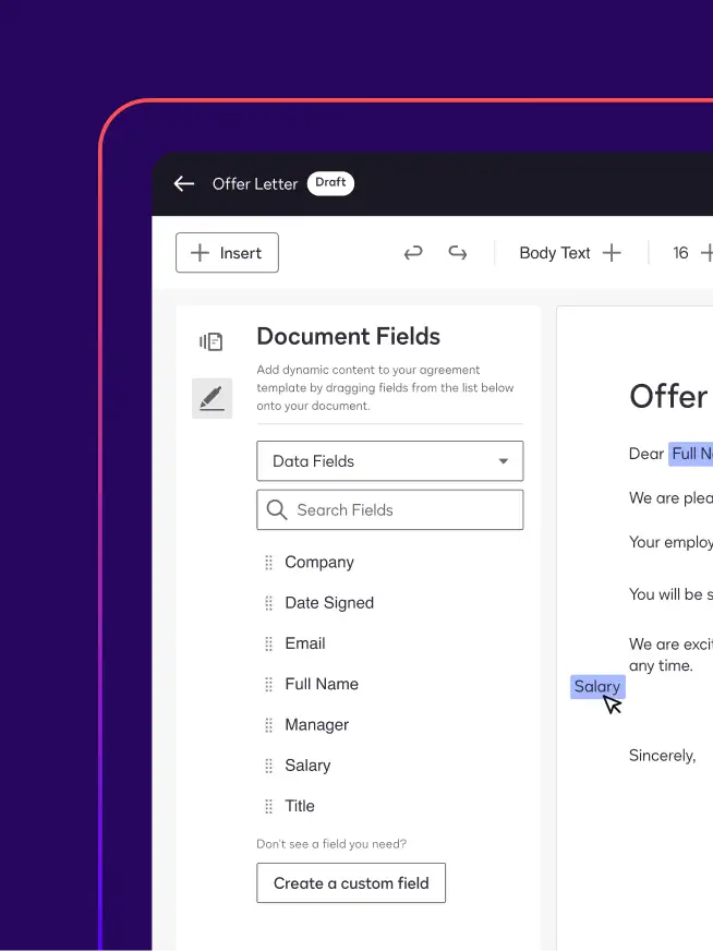 A screen in Docusign Document Generation shows the fields a user can add to an offer letter document, including company, date signed, email, full name, and more